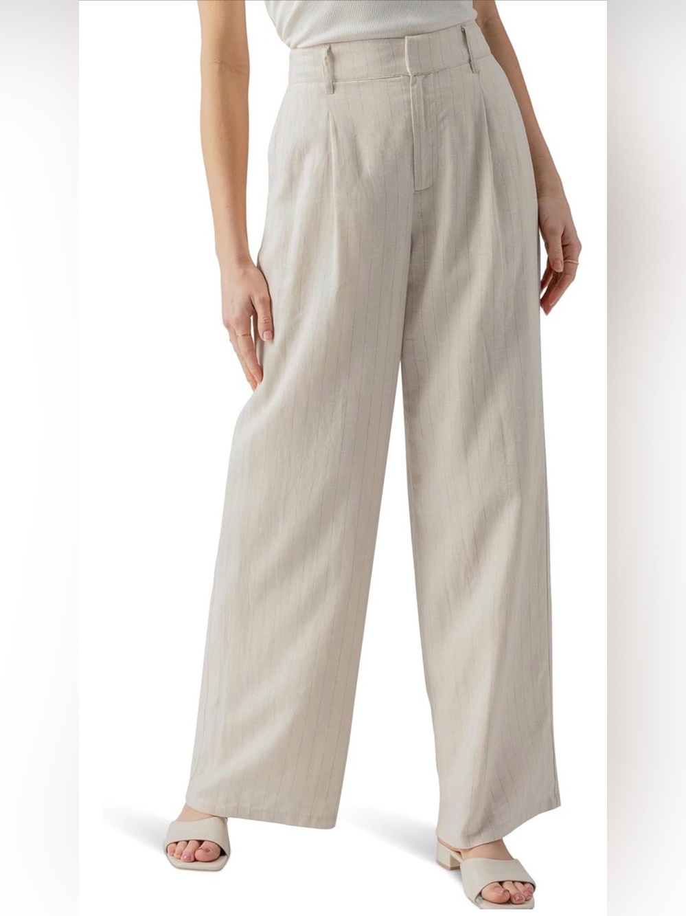 Sanctuary Wide-Leg High-Waist Linen Pants in Light Taupe Stripe